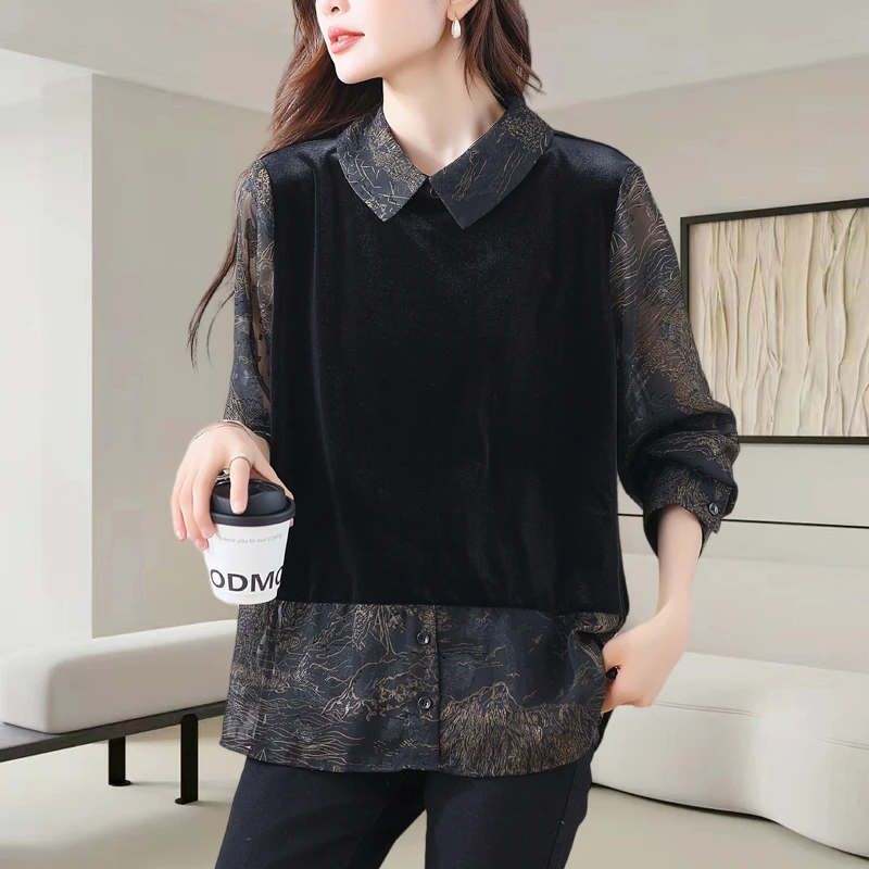 设计感假两件衬衫女复古高级感气质大码衬衣2025早秋新款洋气上衣