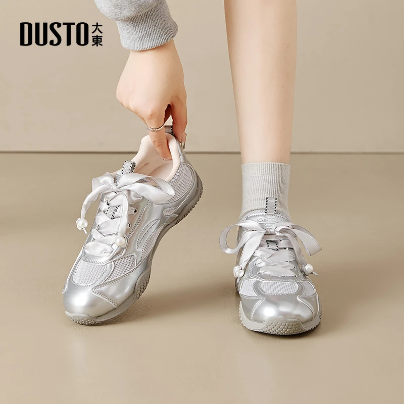 大东女鞋2025秋季阿甘鞋女百搭网面透气ins风银色休闲运动鞋0355