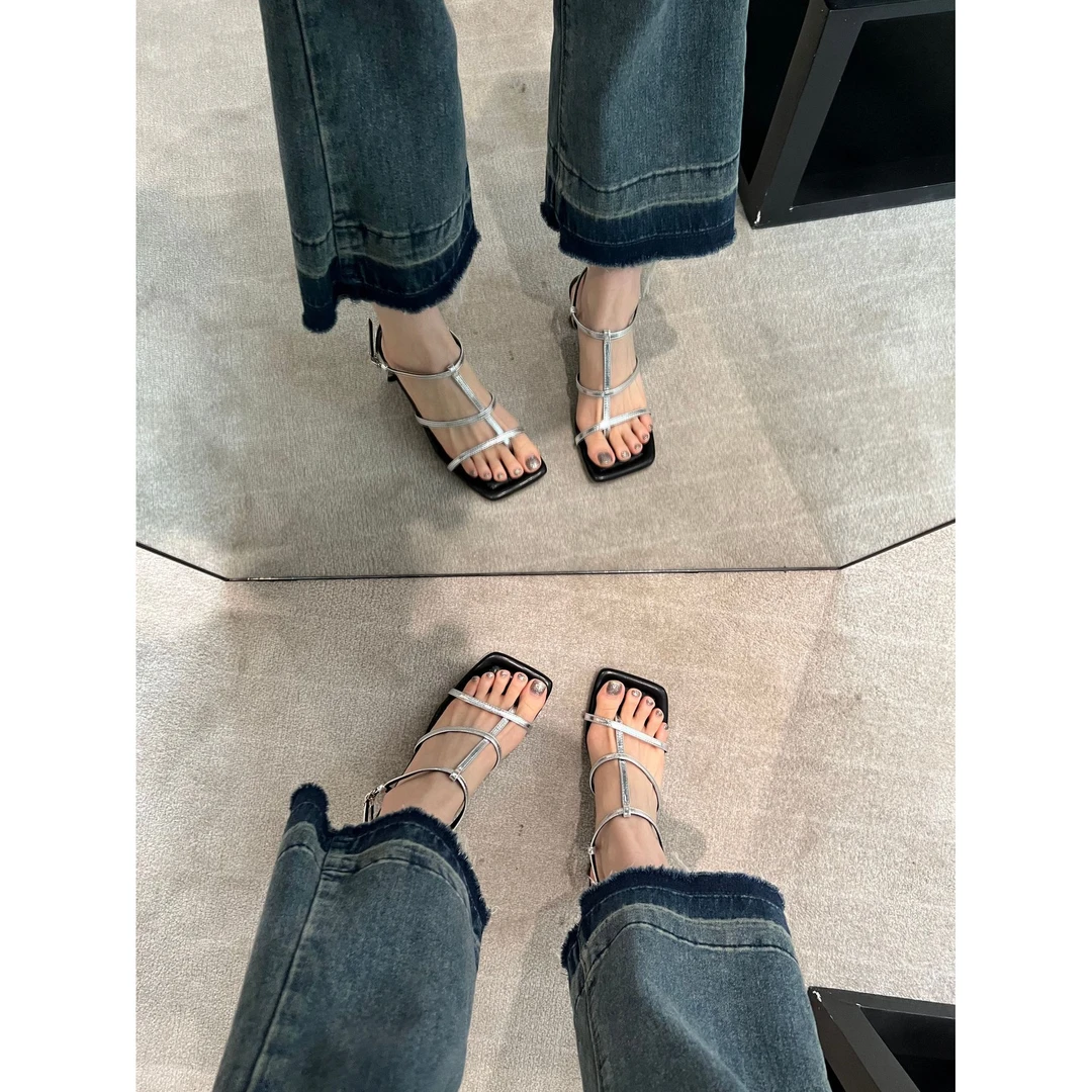 百搭欧美外贸性感凉鞋女方头一字带露趾高跟鞋女粗跟防水台罗马女