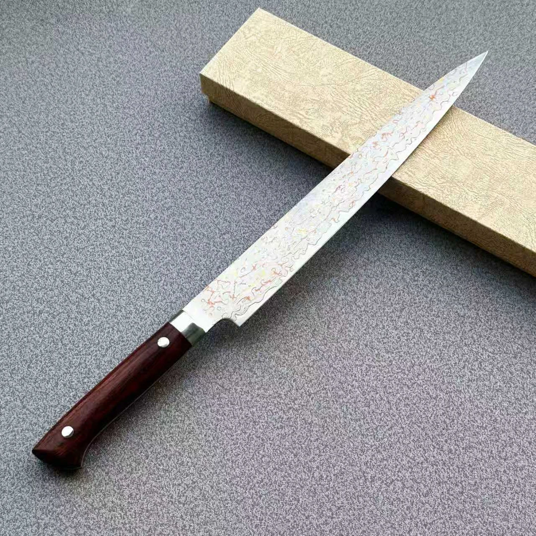 三色铜大马花纹微粒黄檀手柄手工筋引切肉刀鱼生刀刺身刀（未开刃）
