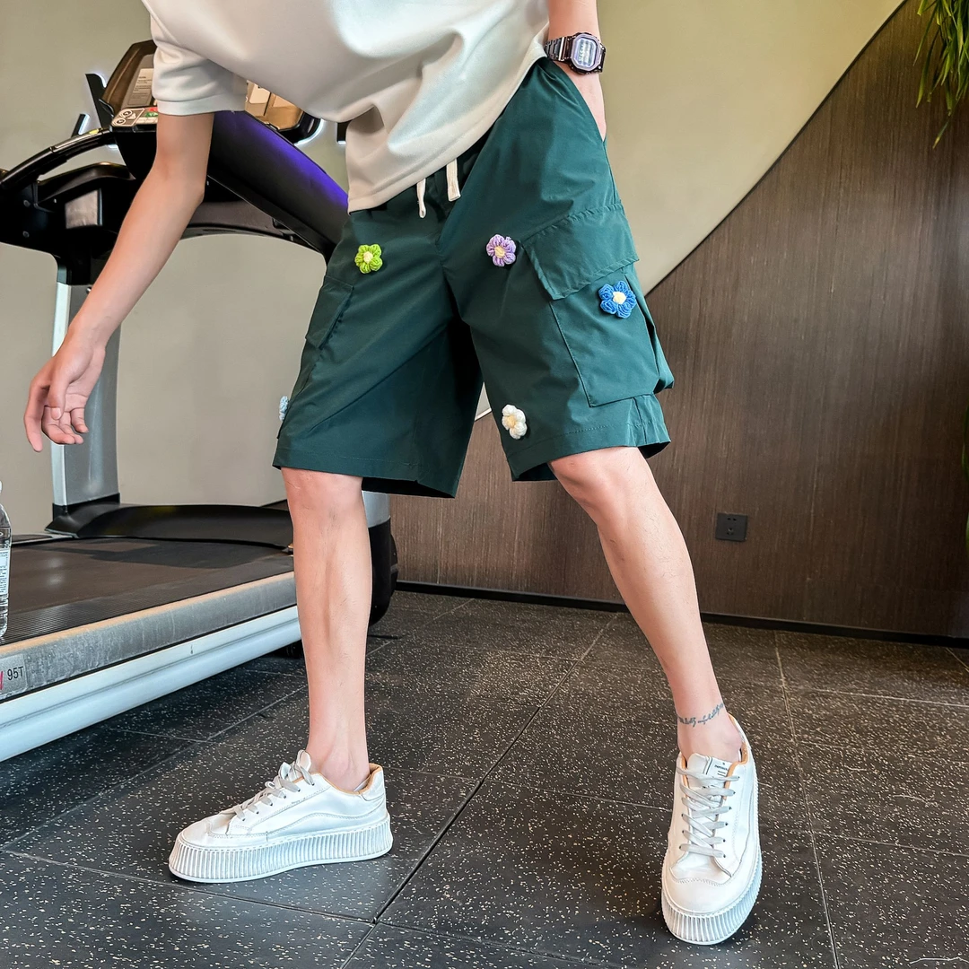 美式小花刺绣工装短裤男款夏季潮牌冰丝速干大裤衩宽松运动五分裤