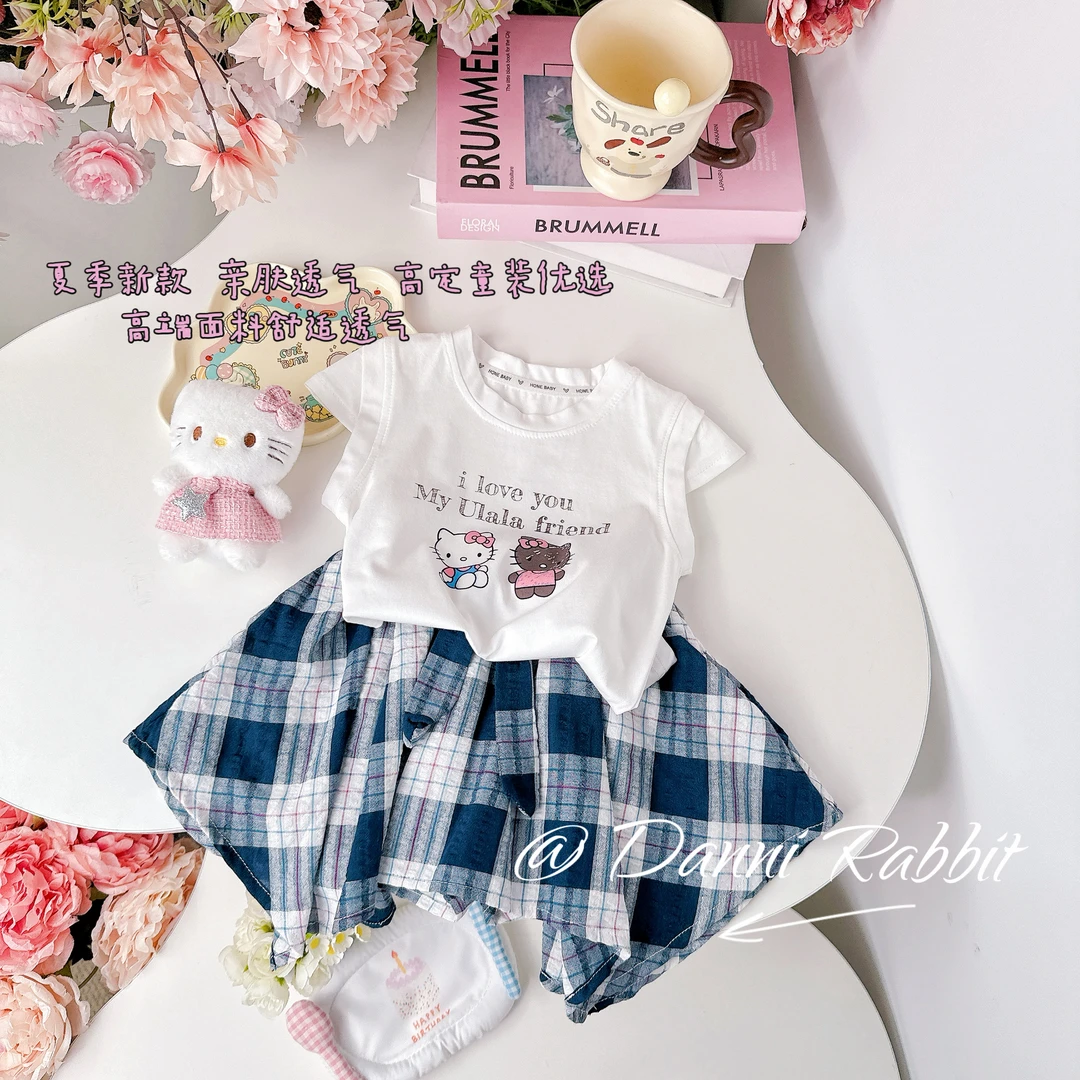 【Dannirabbit】简约卡通印花短袖韩版儿童不规则格子套装Y-1020