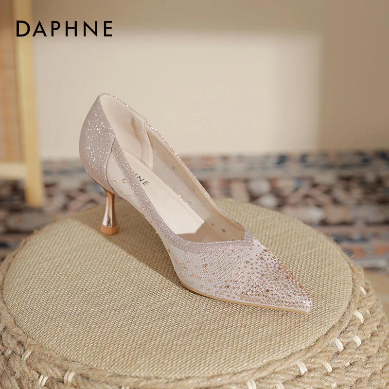 达芙妮香槟色高跟鞋女气质高级不累脚2025夏季新款水钻网纱单鞋KQ