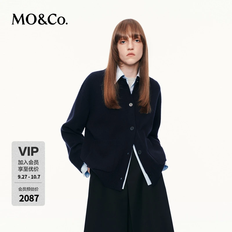 MOCO针织外套2025秋新品绵羊毛假两件开衫拼接衬衫宽松MBE3CART11