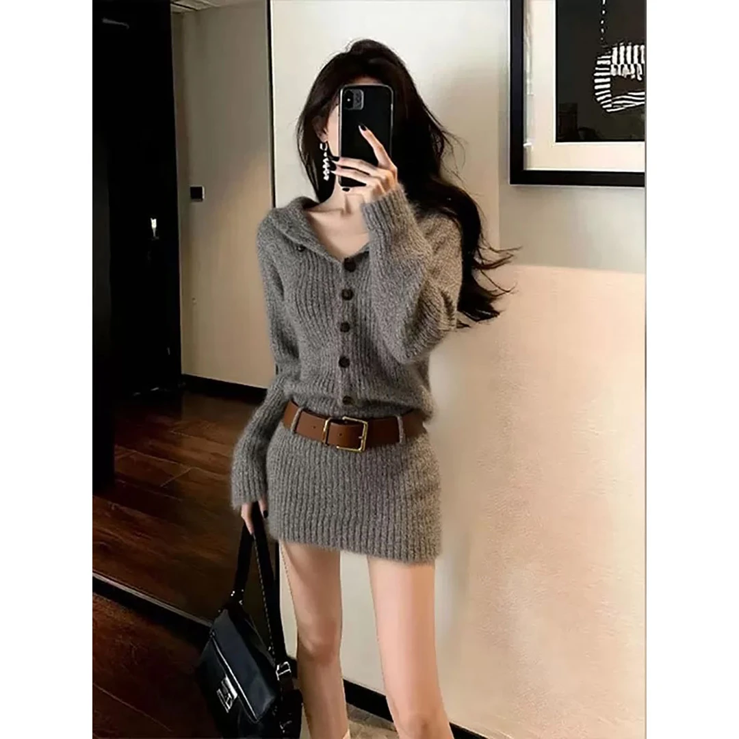 【3890】慵懒风气质灰色针织连衣裙女装新款修身性感收腰包臀短裙