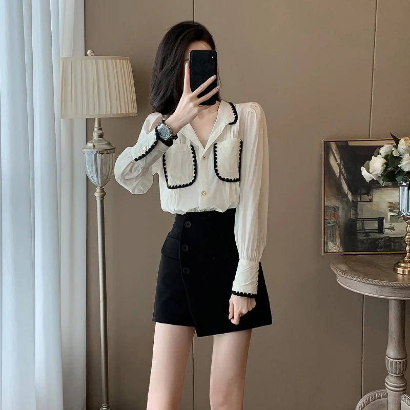 法式长袖白色衬衫短裙套装女春季小衫洋气独特别致长袖设计感小众