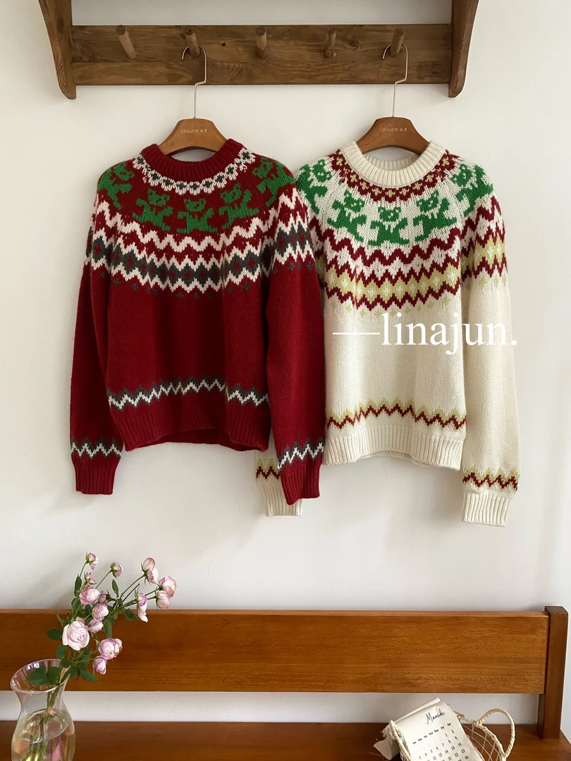 9.30秋棠秋冬新款韩系复古小熊费尔岛提花圆领毛衣