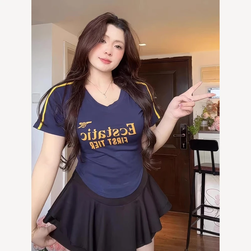 大码复古美式短袖T恤女夏季设计感运动体恤胖MM遮肉显瘦上衣-7162
