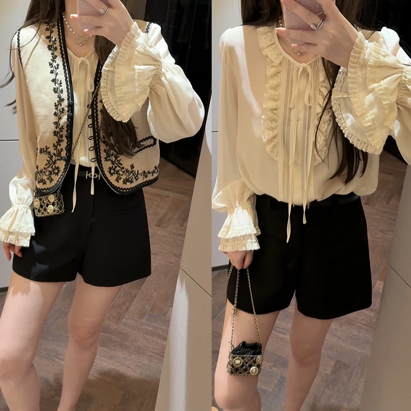 【mimius】&婷婷 宫廷风荷叶边衬衫+重工刺绣马甲 G03047