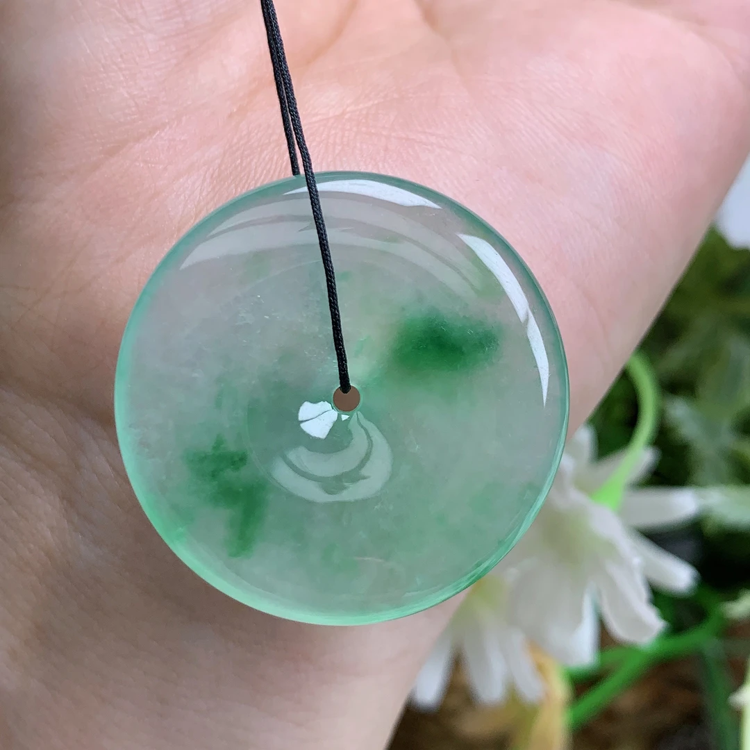 缅甸天然翡翠A货高冰起光飘阳绿精品平安扣吊坠雪尺寸31.8/6.5mm