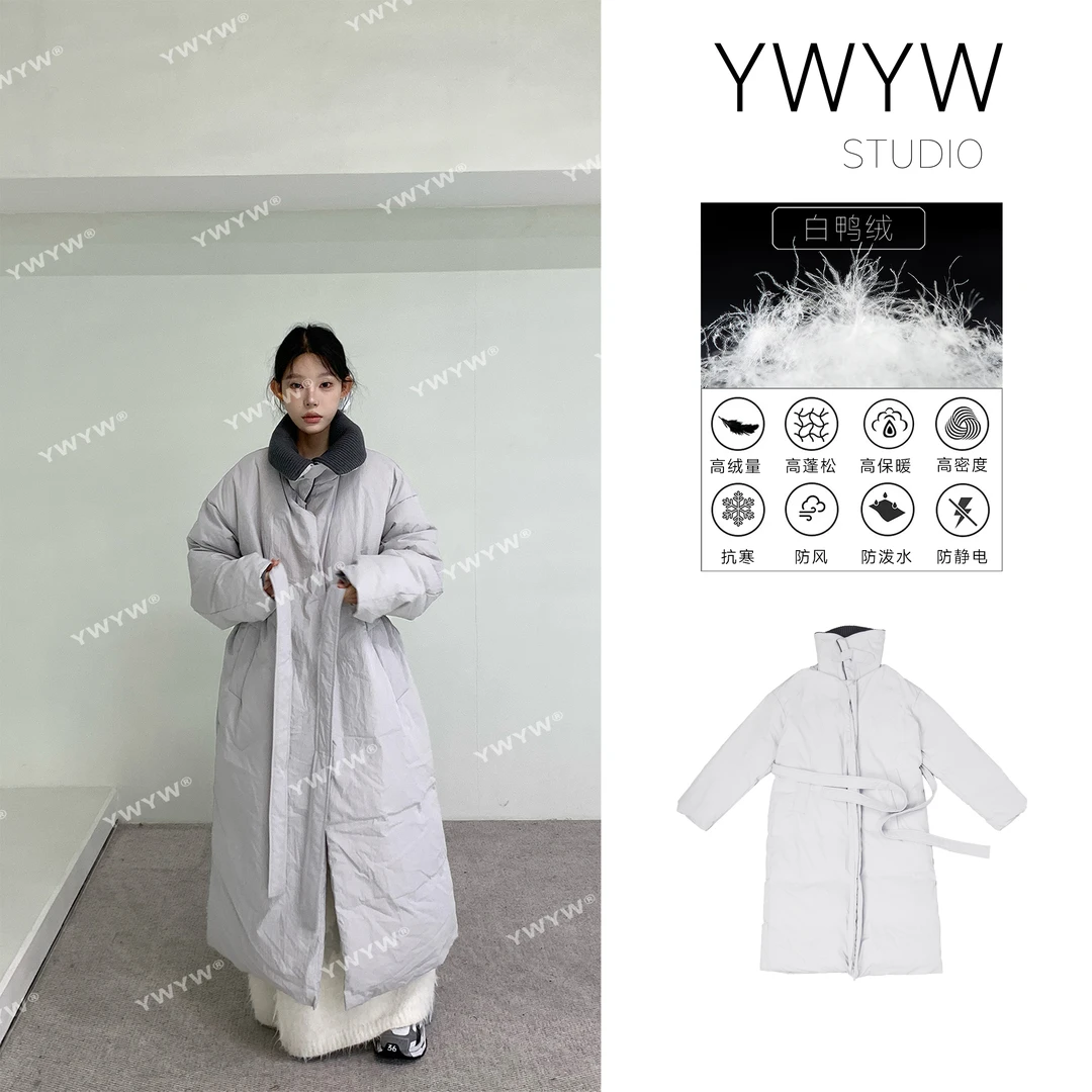 【YWYW25S/S】螺纹翻领/立领磁吸扣鸭绒束腰长款羽绒服3518