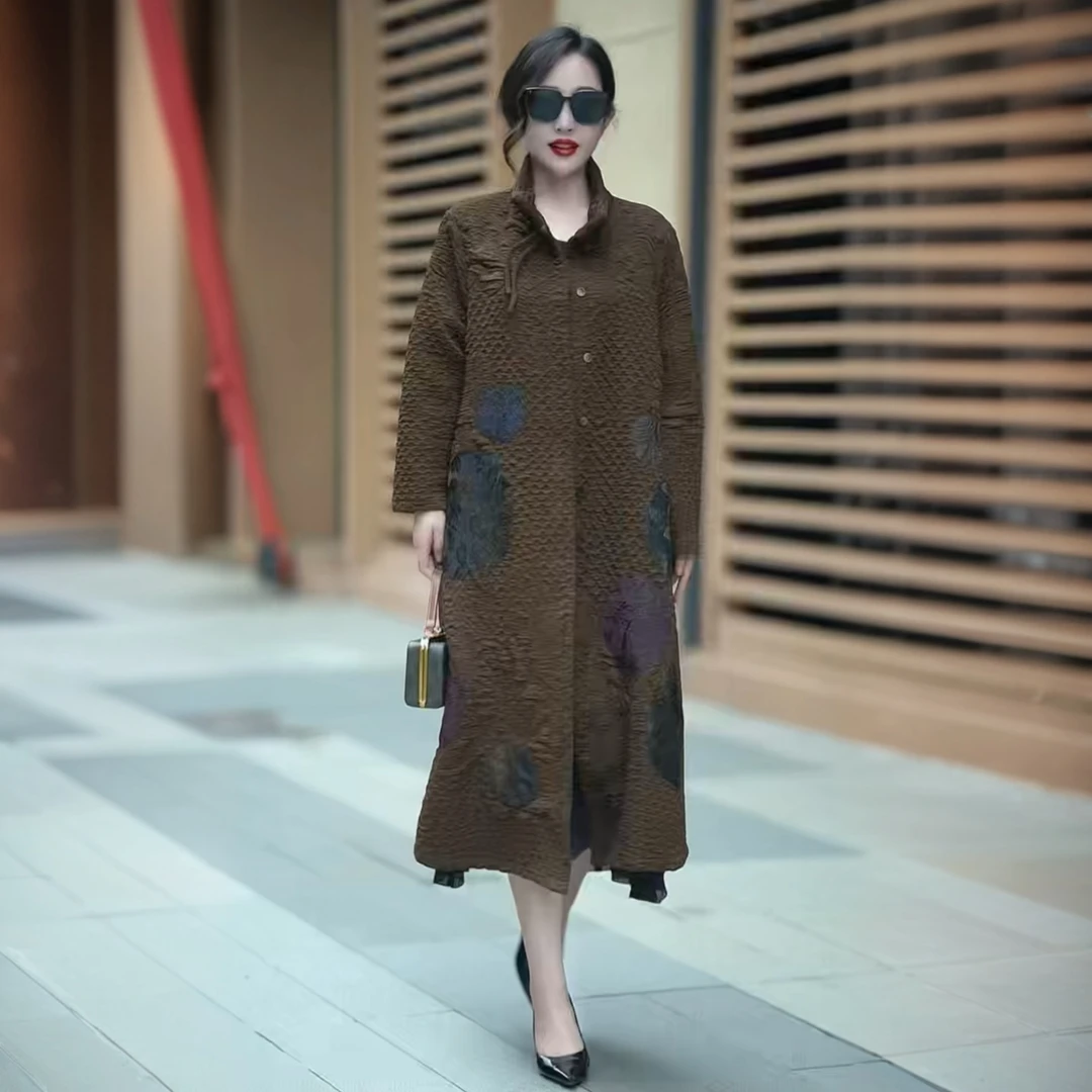 原创新款高端中年妈妈洋气大衣外套复古提花长款秋冬气质风衣