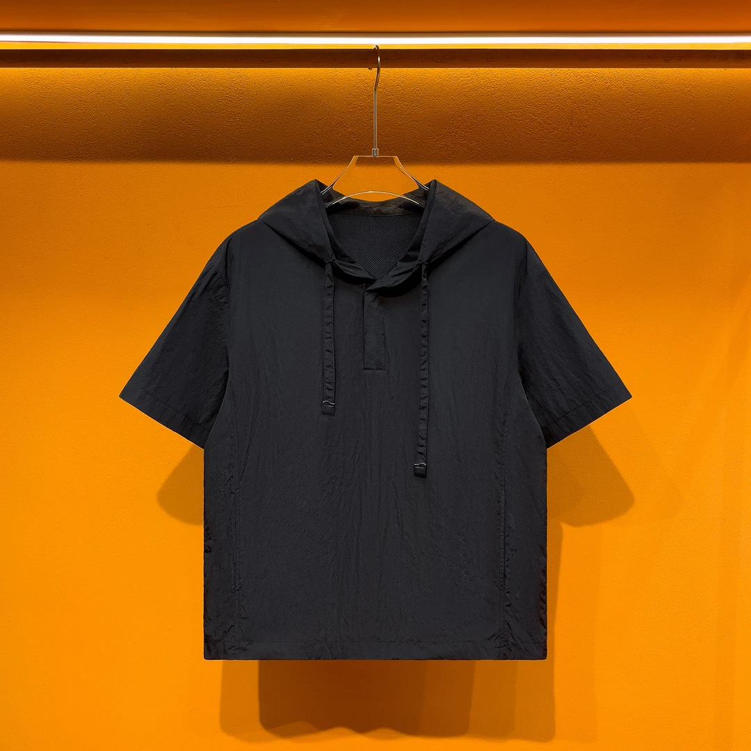 夏季男士潮牌薄款简约运动连帽套头短袖宽松透气时尚速干打底