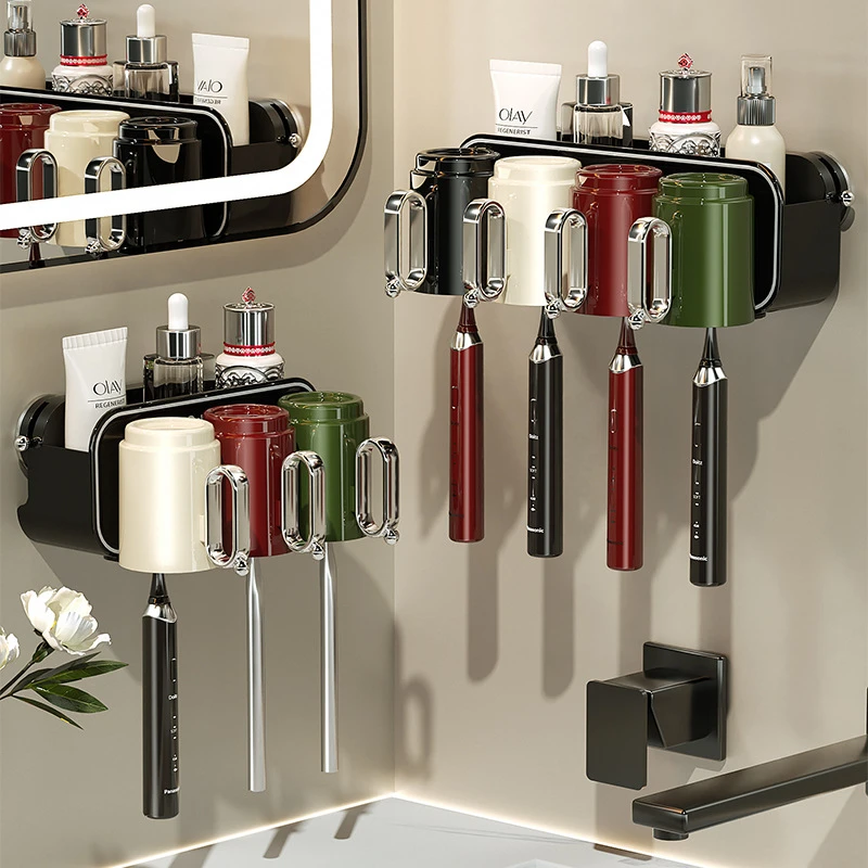 吸盘牙刷漱口杯置物架壁挂式免打孔一家四口刷牙杯架子牙膏牙刷架