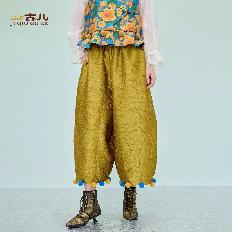 吉丘古儿缃叶中式复古休闲阔腿裤国风文艺宽松百搭休闲裤G251K002