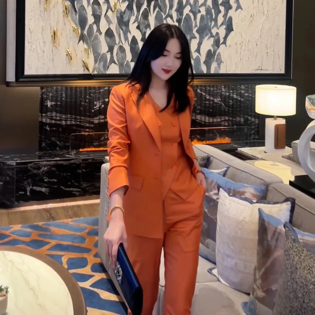 臻韩美爱玛橘九分裤女士西服套装三件套洋气修身高级感