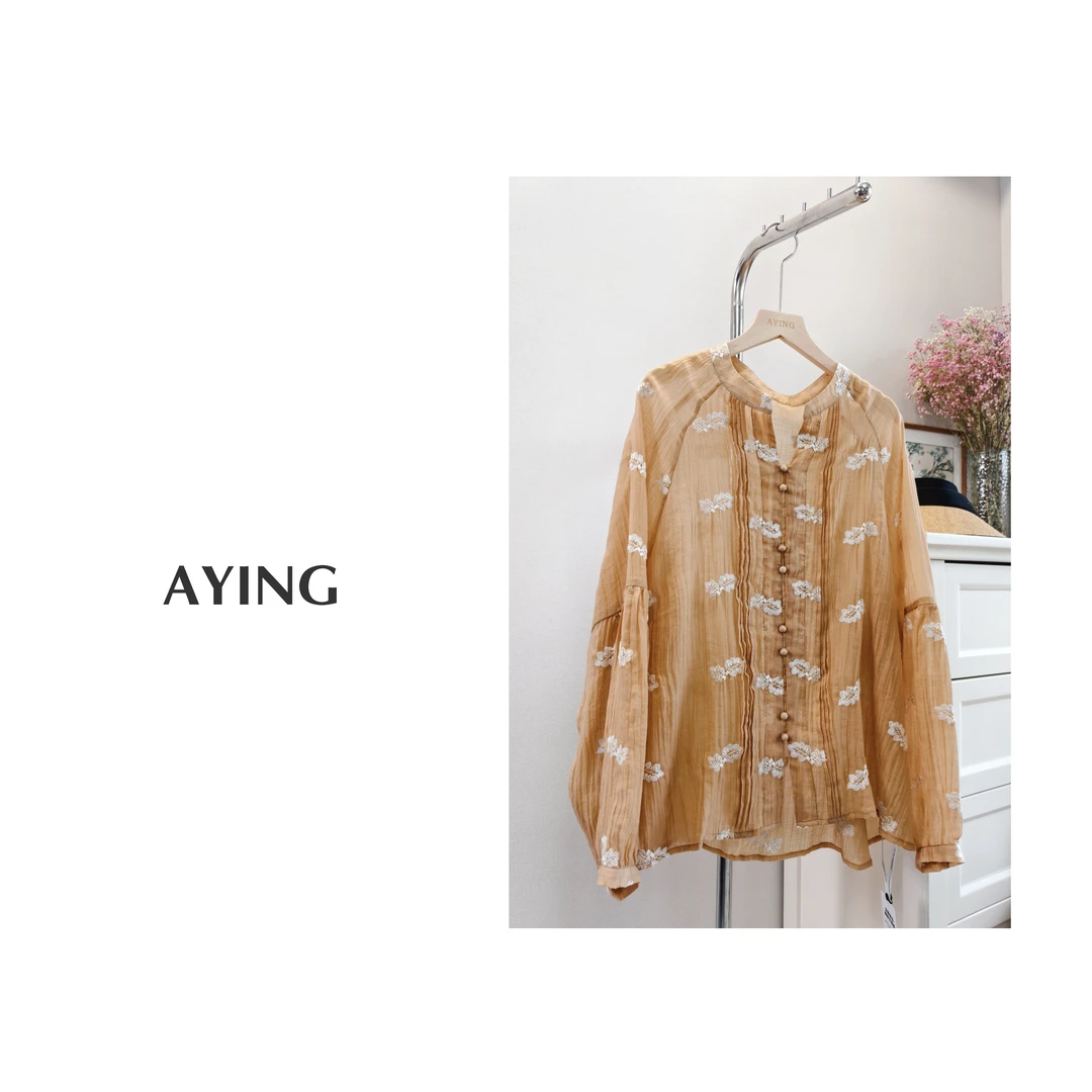 AYING 女士夏季 轻薄莱赛尔天丝立体刺绣V领防晒衬衫上衣