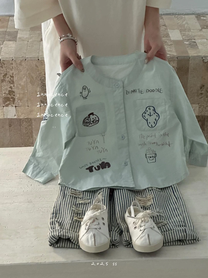 春秋小涂鸦刺绣衬衫/条纹破洞牛仔裤