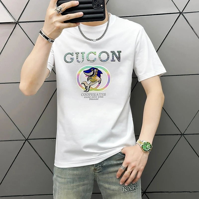 2025新款短袖夏季烫钻男士T恤网红休闲修身上衣半袖潮流印花圆领