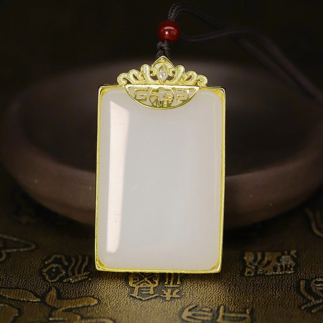 天然新疆玉石无事牌镶嵌玉吊坠金丝玉挂坠平安扣玉直播间简Y615-2