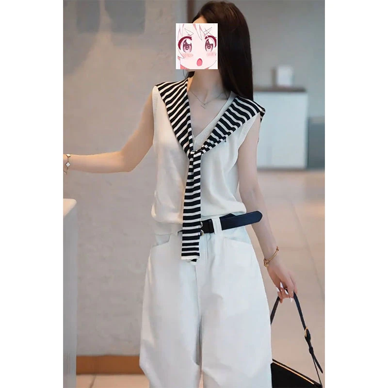 2025夏季休闲运动风穿搭一整套条纹披肩针织背心开衫六分裤三件套