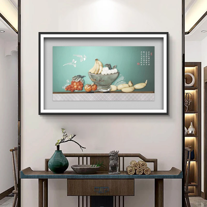 九头鸟玉雕画《瓜果知味》沙发背景玄关卧室餐厅茶室办公室装饰挂画