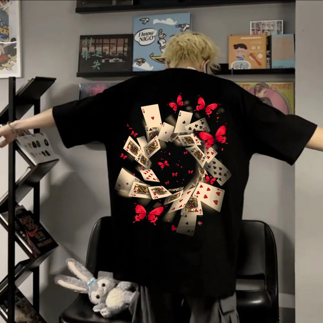 100%纯棉短袖美式松弛感T恤宽松男装T恤夏季复古扑克印花潮牌港风