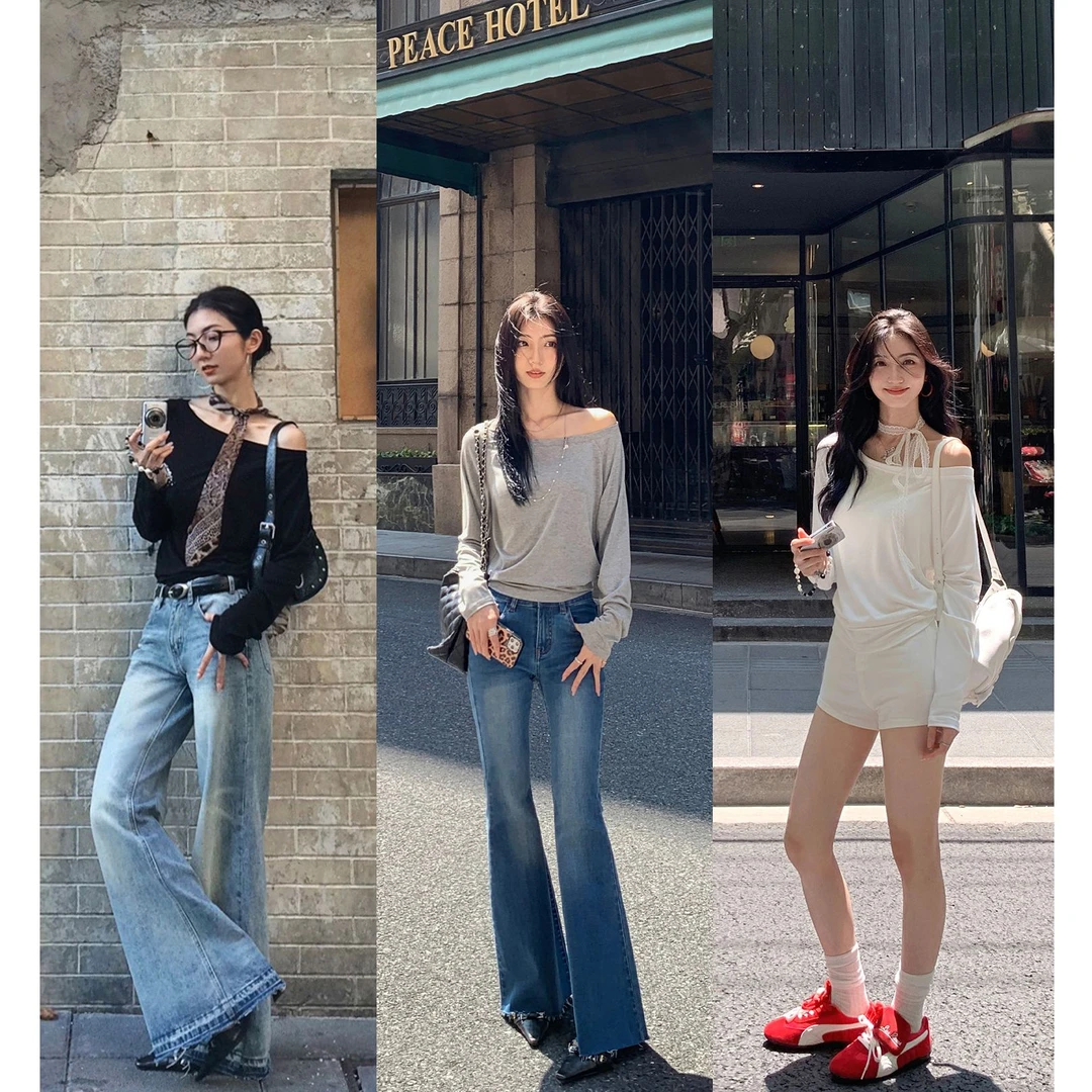 斜肩上衣女长袖宽松显瘦慵懒风高级感气质修身两穿露肩T恤