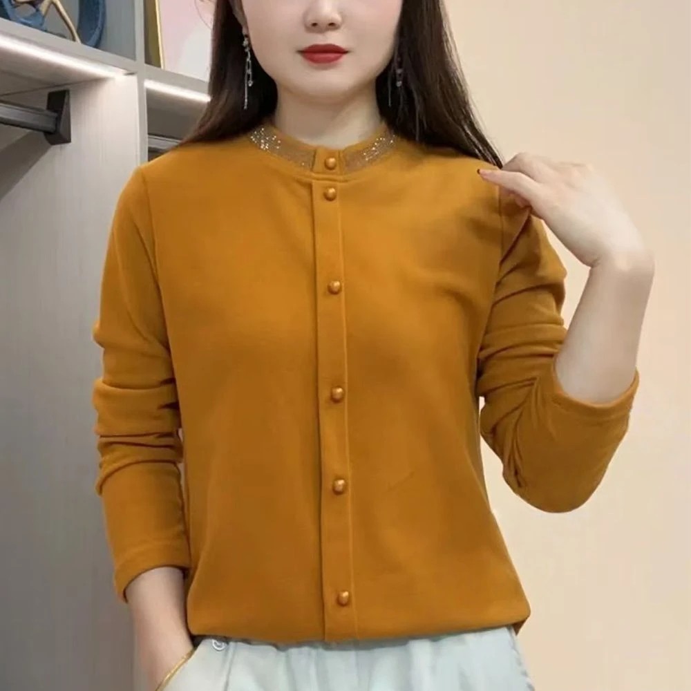 中年妈妈秋冬新款双面德绒打底衫女装时尚百搭烫钻一体绒保暖上衣