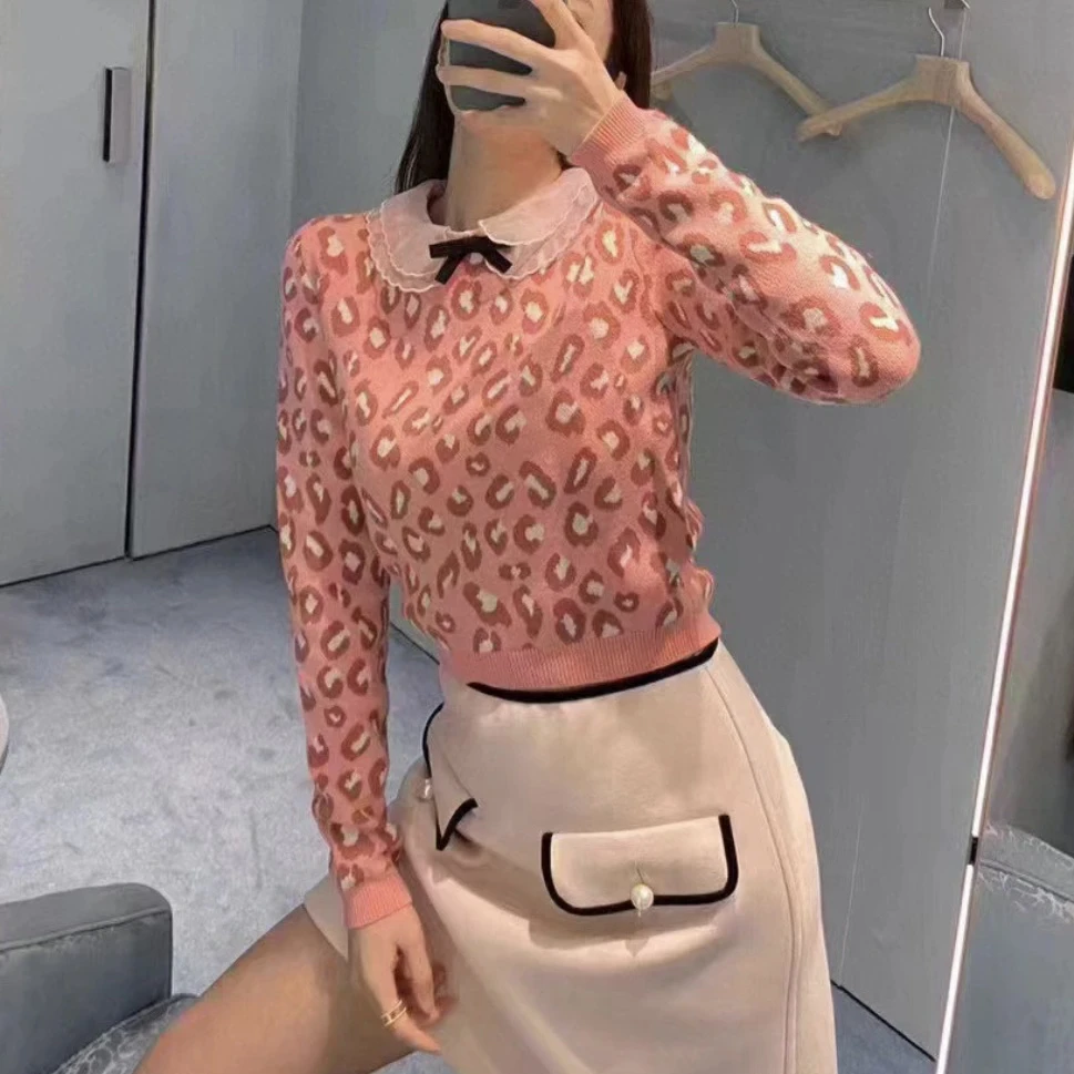 99新 MIU MIU/缪缪 gg34/豹纹娃娃领针织衫 针织 40码