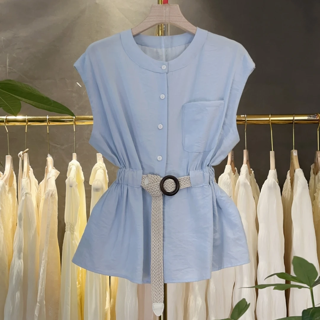 夏季百搭甜美小众设计感收腰坎肩时尚休闲女士简约显瘦衬衫上衣