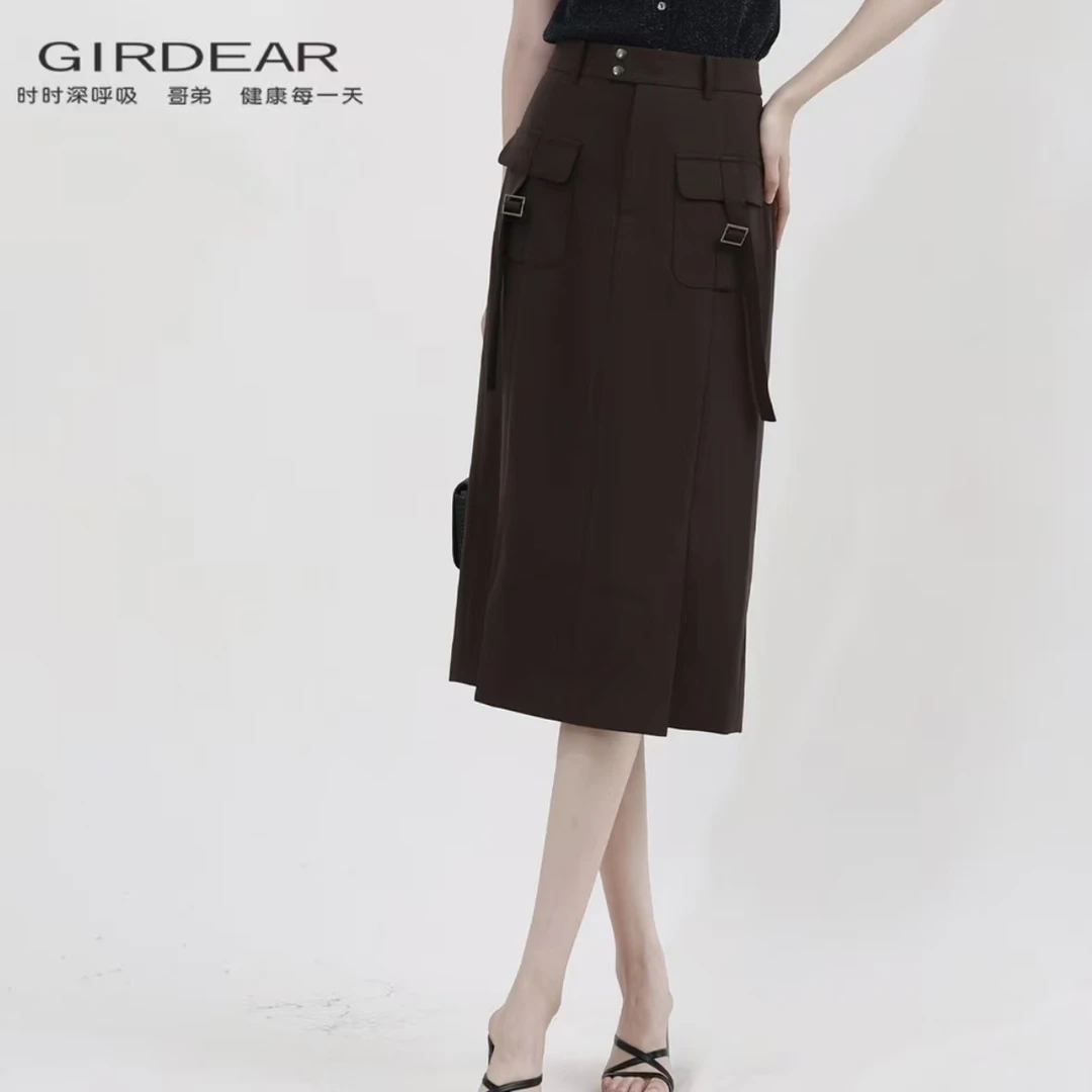 GIRDEAR/哥弟秋季新款休闲高腰工装潮酷设计感开叉直筒裙120014