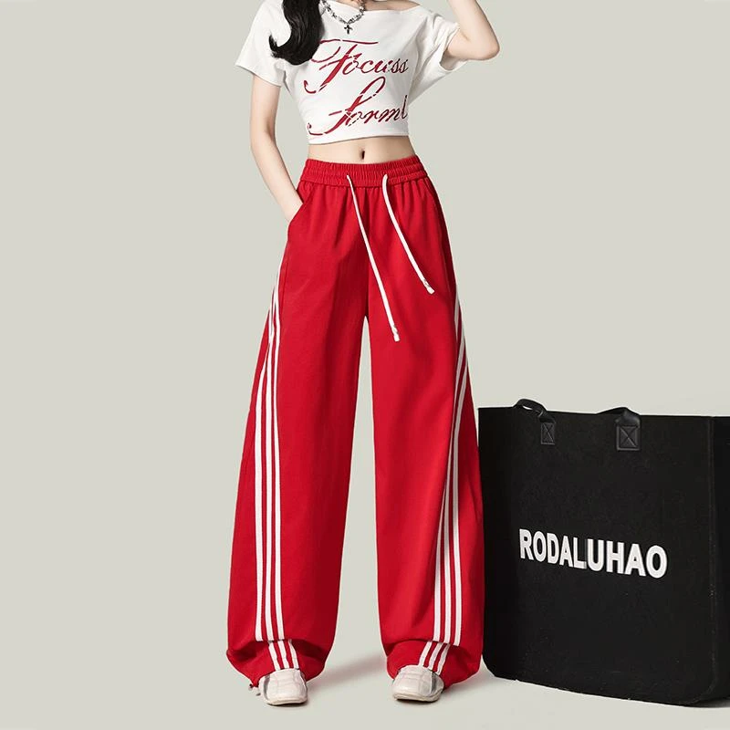 多巴胺红色条纹高腰运动休闲裤女2025爆款宽松阔腿速干卫裤潮新款