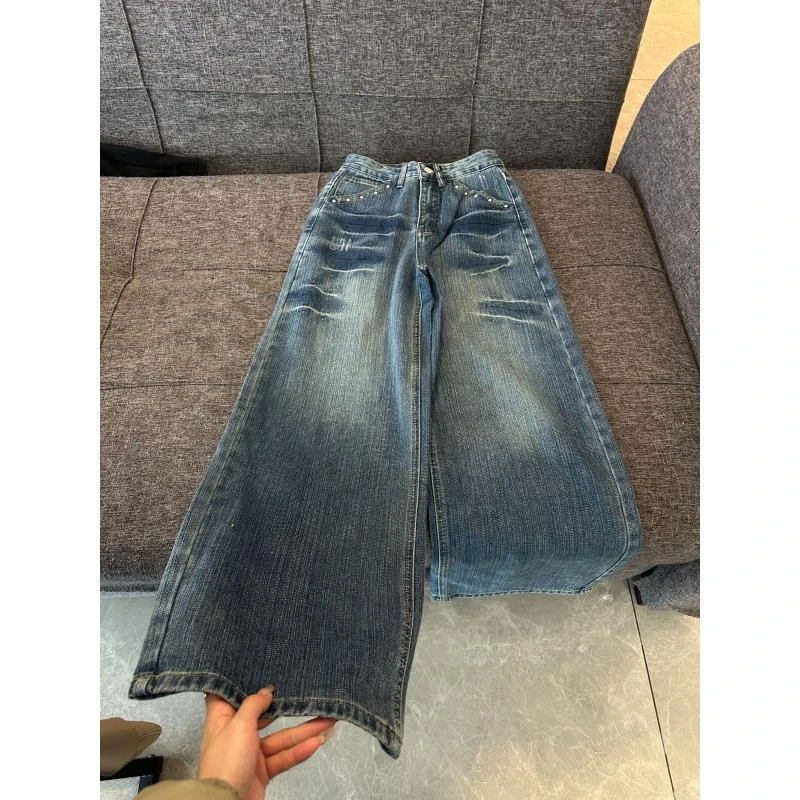 K3 美式复古水洗铆钉直筒牛仔裤男女潮做旧烫钻宽松休闲裤子