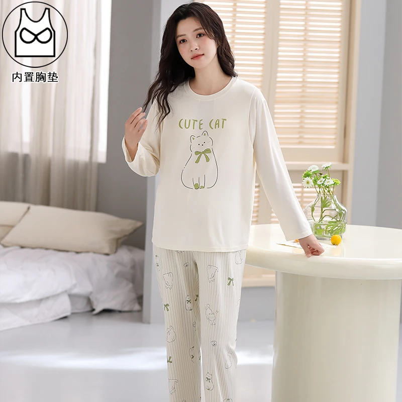 夏季月子服莫代尔哺乳服带胸垫春秋款4月份5月大码睡衣家居服套装