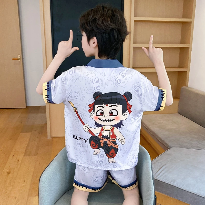 儿童睡衣男童夏季冰丝薄款短袖青少年卡通哪吒男孩家居服空调服夏
