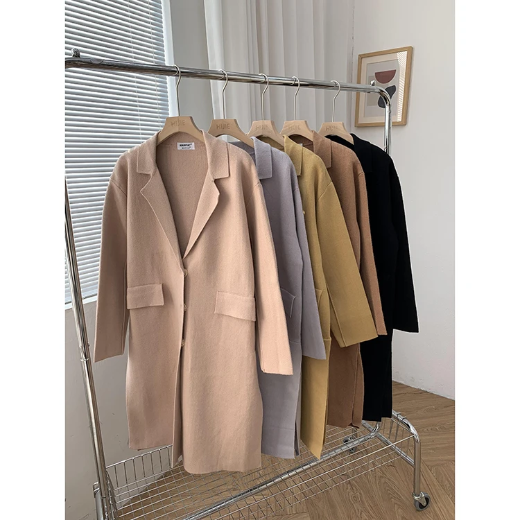 【断码清仓】韩版简约纯色针织单排扣大衣宽松显瘦休闲女秋冬01136