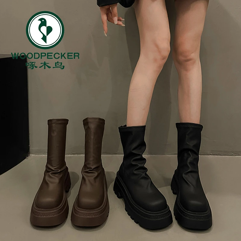 啄木鸟小个子厚底显瘦马丁靴女2025秋新款法式百搭英伦风瘦瘦短靴