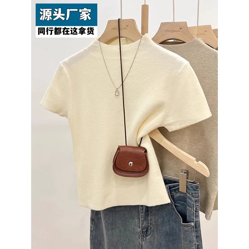 梵乐芬夏季半高领黑色修身显瘦上衣正肩短袖春夏新款小个子气质针