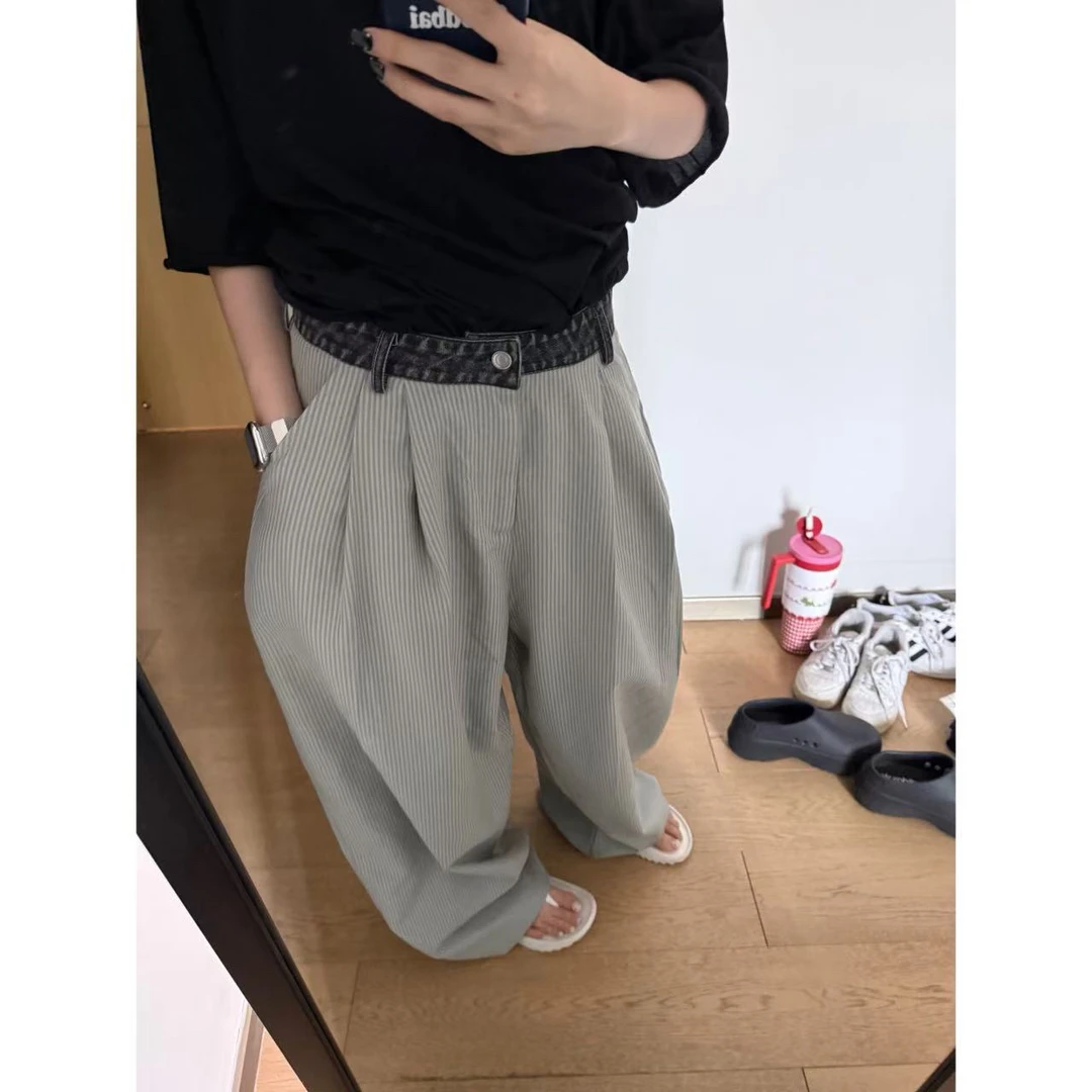 【清仓款】牛仔拼接条纹腰口休闲裤阔腿条纹长裤096