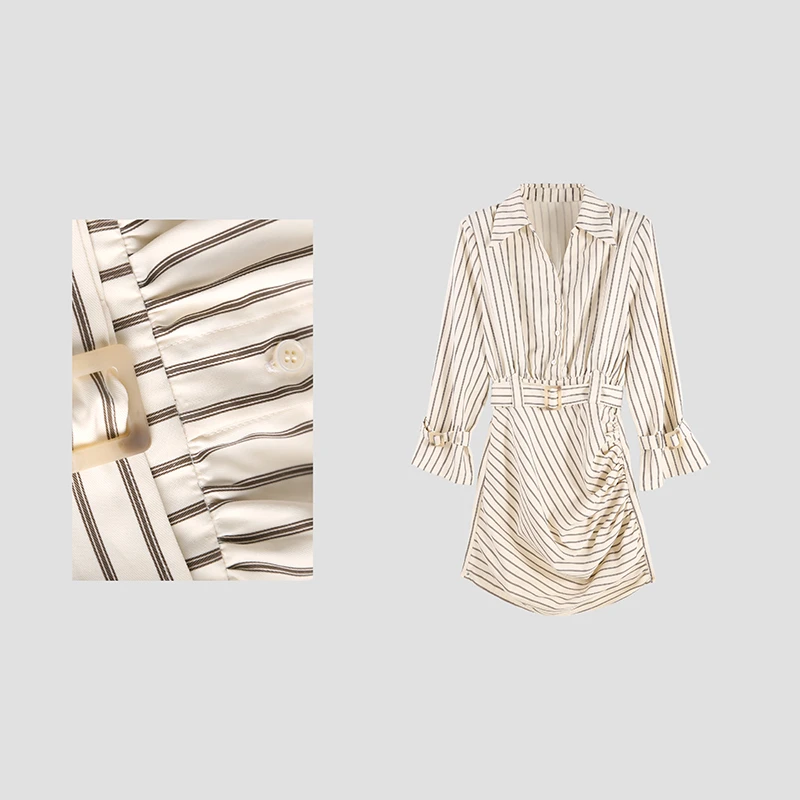 「丽莎同款」2025春新款气质翻领条纹长袖连衣裙HBZU651530 nnassa