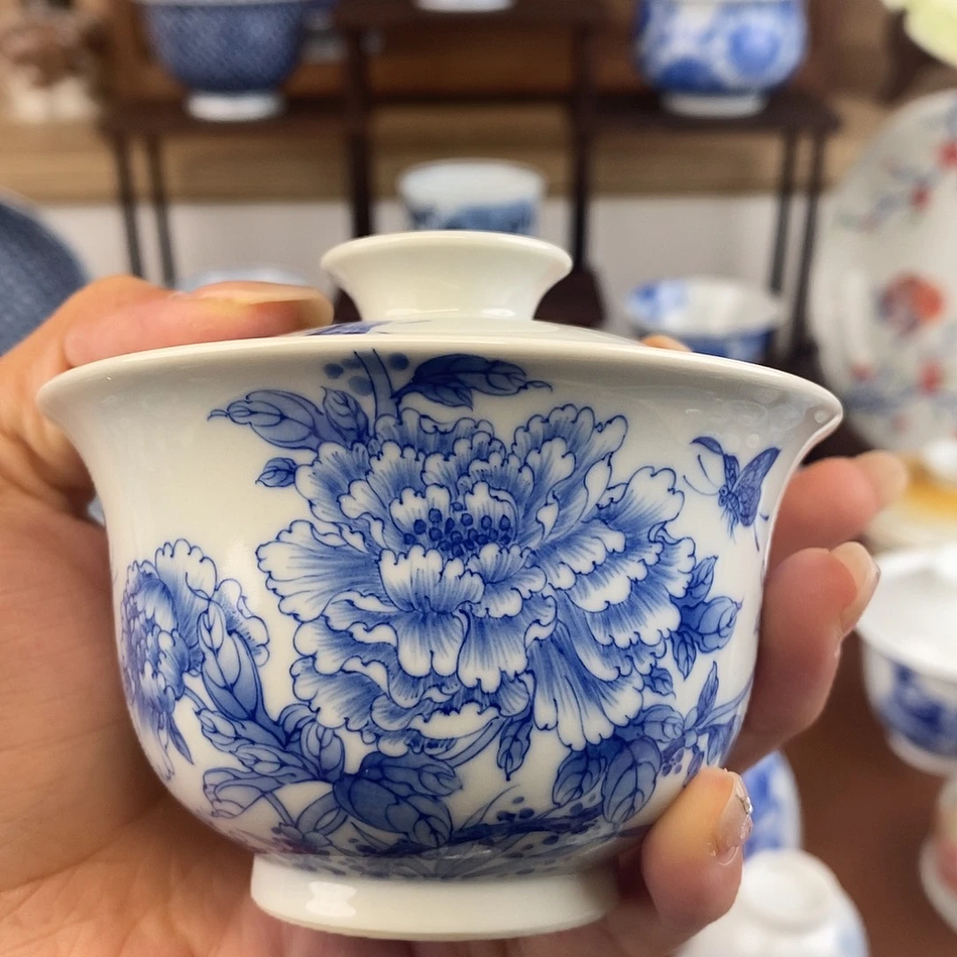 泥藝瓷梦牡丹花盖碗