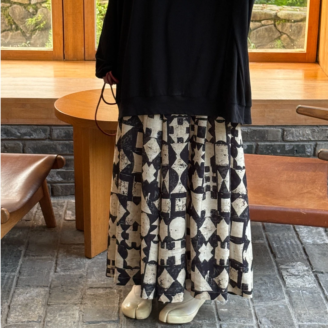 S.SHUi印花小众休闲松紧阔腿裙裤