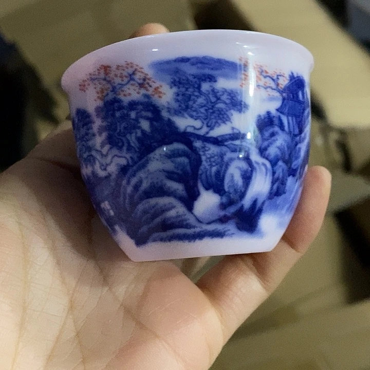 摆件陶红稀土山水釉里红小缸杯