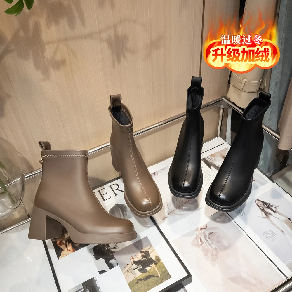 ouxieku/欧鞋酷A-209瘦瘦短靴粗跟厚底时尚百搭潮鞋秋冬方头女