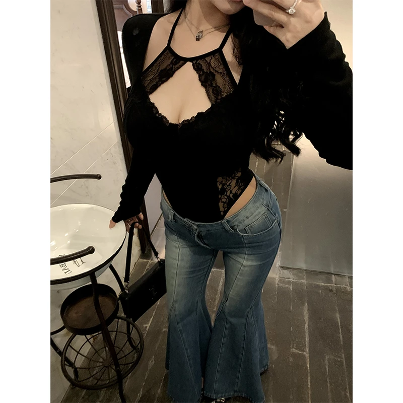肉装小cherry 斩男更斩女 微胖纯欲蕾丝挂脖修身连体带胸托上衣