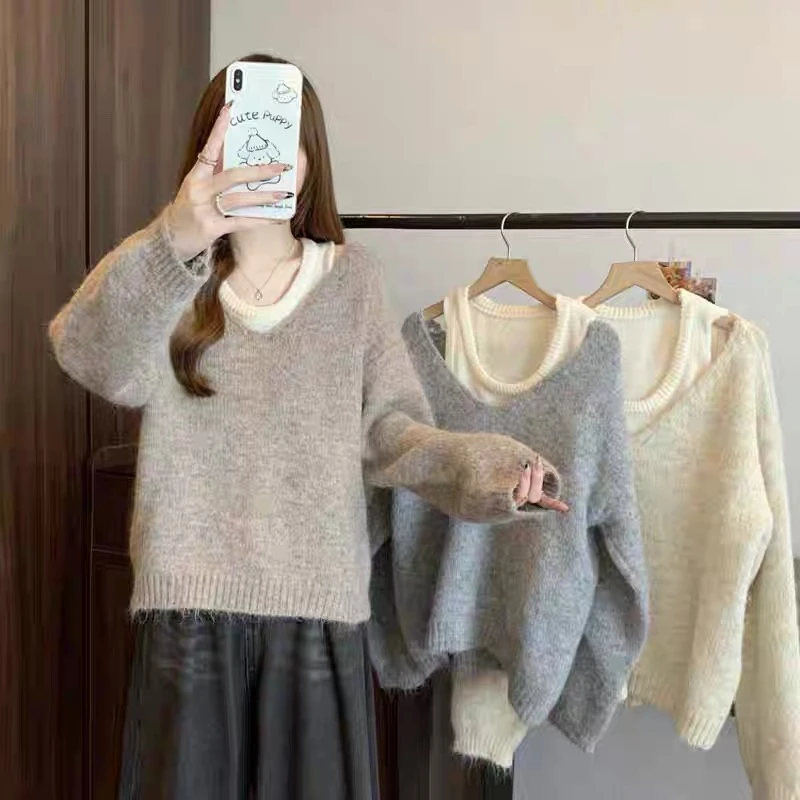 韩25秋冬时髦简约气质温柔风软糯针织背心+长袖V领针织上衣两件套