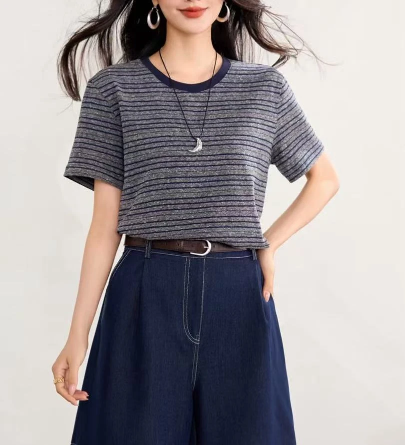 【条纹短袖】短袖女士2025夏季韩版休闲透气显瘦条纹圆领百搭t桖