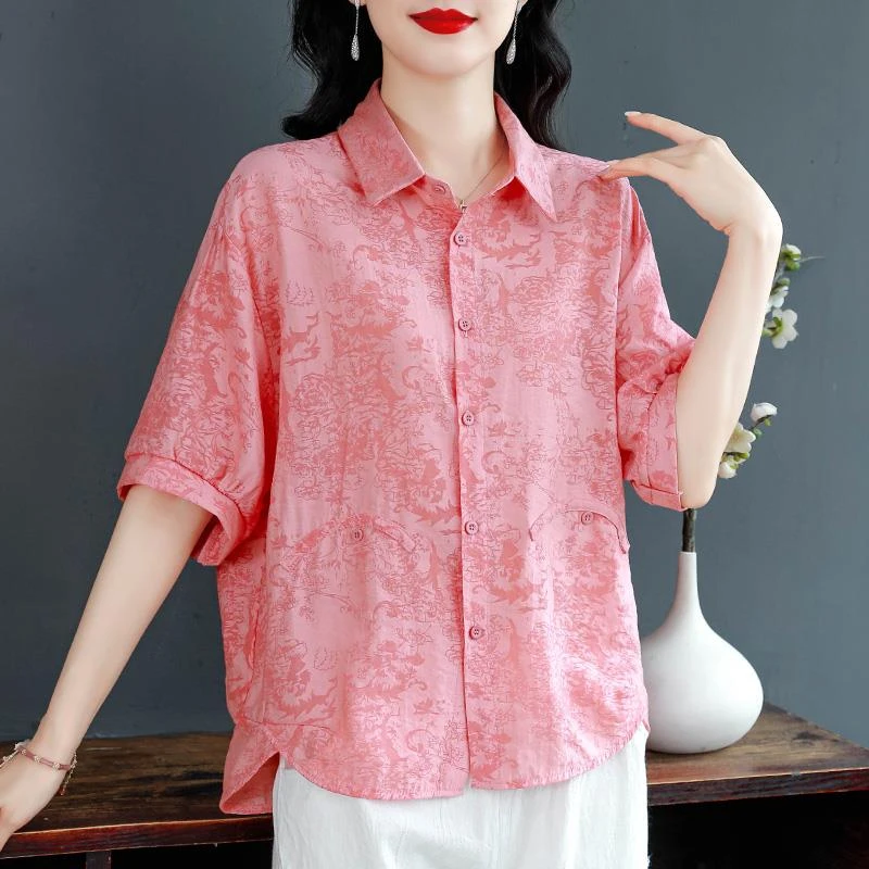 短袖麻棉衬衫女夏季薄款2025新款大码高端洋气宽松亚麻t恤女上衣
