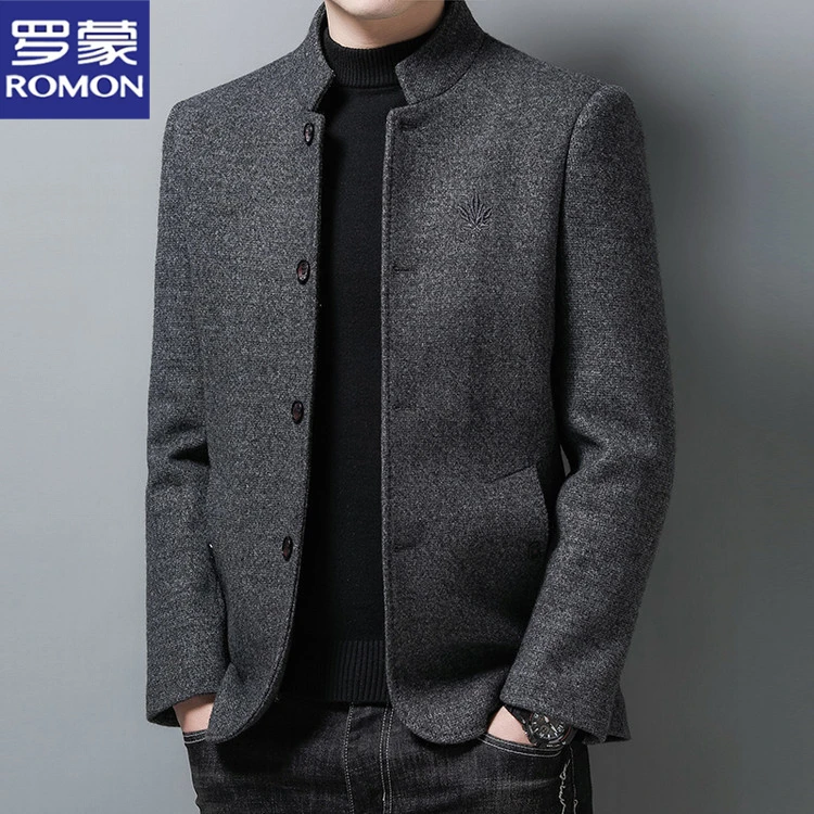 罗蒙秋季夹克男士立领加厚外套中山装毛呢子商务休闲爸爸装茄克衫